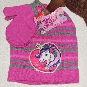 Kids Girls Jojo Siwa Beanie Hat and Gloves Pink/ Grey 2-Piece Set OS NWT
